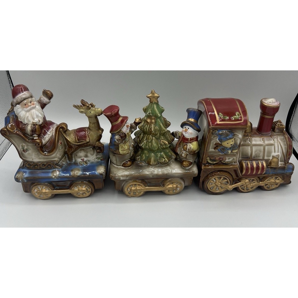 Vintage Ceramic Holiday Train Set 3 Pc Santa Snowmen Teddy Bear Christmas